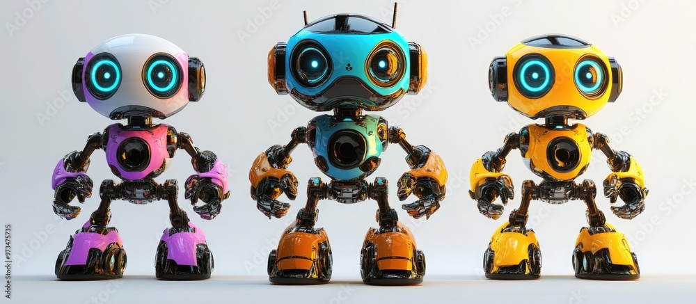 Three colorful robots against a white backdrop Three colorful robots against a white backdrop