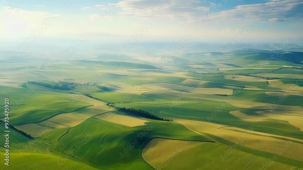 Enjoying the view of vast green fields and rolling hills from a private jet, bathed in the warm glow of the sun on a beautiful day with fluffy clouds