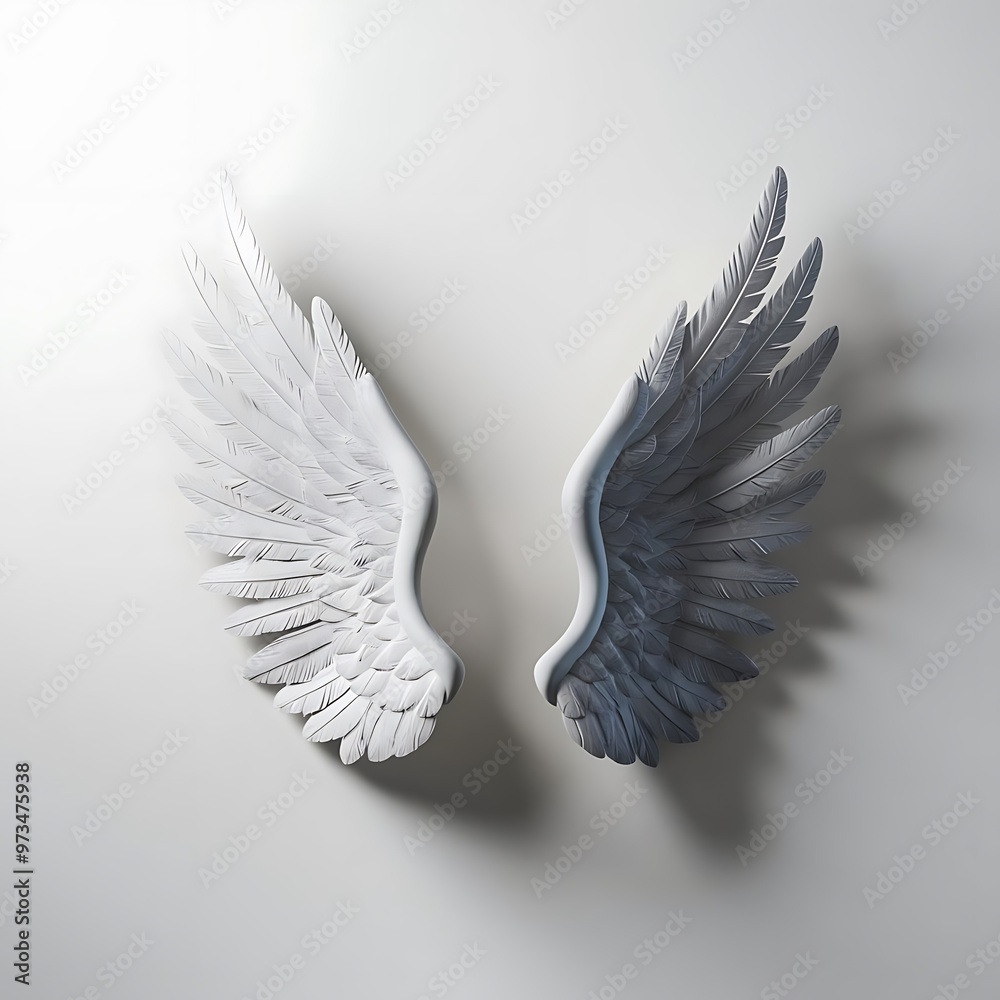 Fototapeta premium Pair of isolated angel wings with 3D feathers on white background, 3D Illustration, 3D Rendering