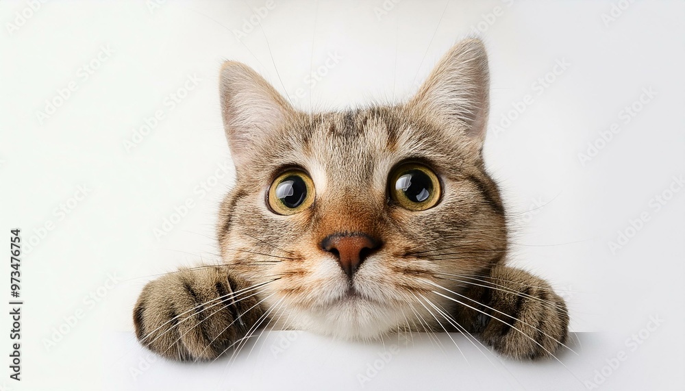 Obraz premium Hidden cat looks out, isolated against white.