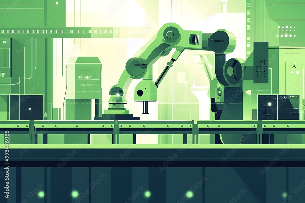 Industrial Robot Arm on Assembly Line in Automated Factory Industrial Robot Arm on Assembly Line in Automated Factory