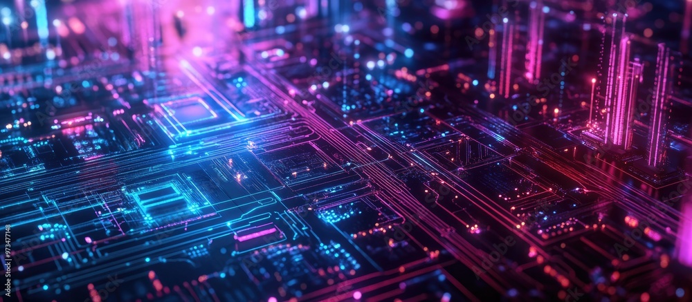 Abstract digital micro circuit illustration combined with an urban skyline representing futuristic technology and artificial intelligence through double exposure Abstract digital micro circuit illustration combined with an urban skyline representing futuristic technology and artificial intelligence through double exposure