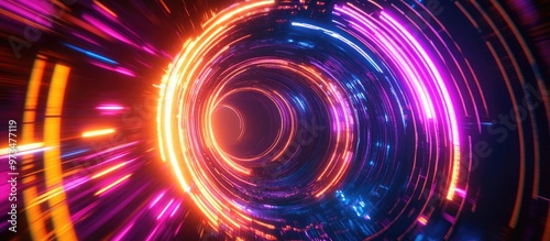 Abstract neon circular lines in a space setting featuring a contemporary 3D rendered background and vibrant computer generated visuals