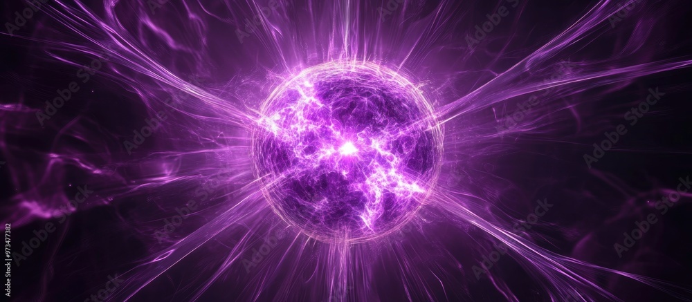 Abstract vibrant purple glowing background featuring a central sphere of energetic atomic waves illuminated by rays of light and plasma Abstract vibrant purple glowing background featuring a central sphere of energetic atomic waves illuminated by rays of light and plasma