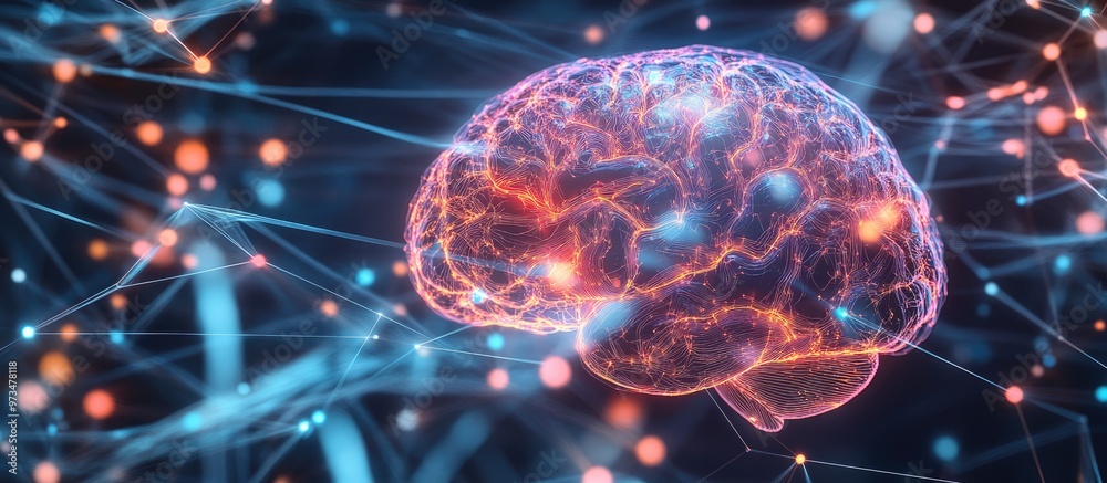 Futuristic technology network simulating brain function for business analysis innovation and growth featuring AI driven chat and live interactions