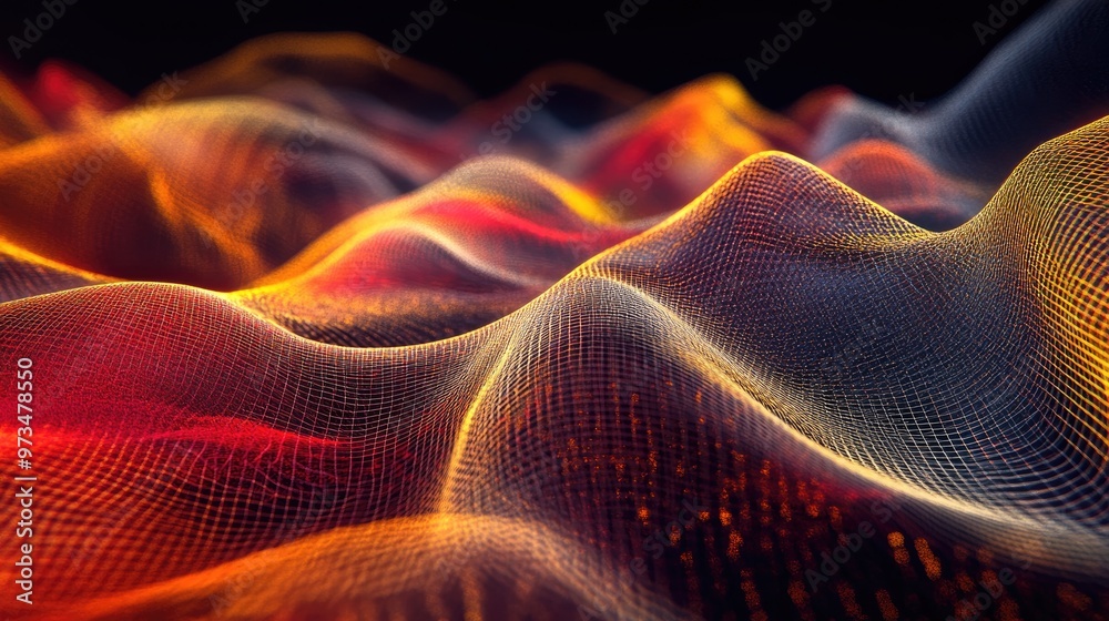 Abstract soft line art featuring red and yellow mesh waves on a dark backdrop Abstract soft line art featuring red and yellow mesh waves on a dark backdrop