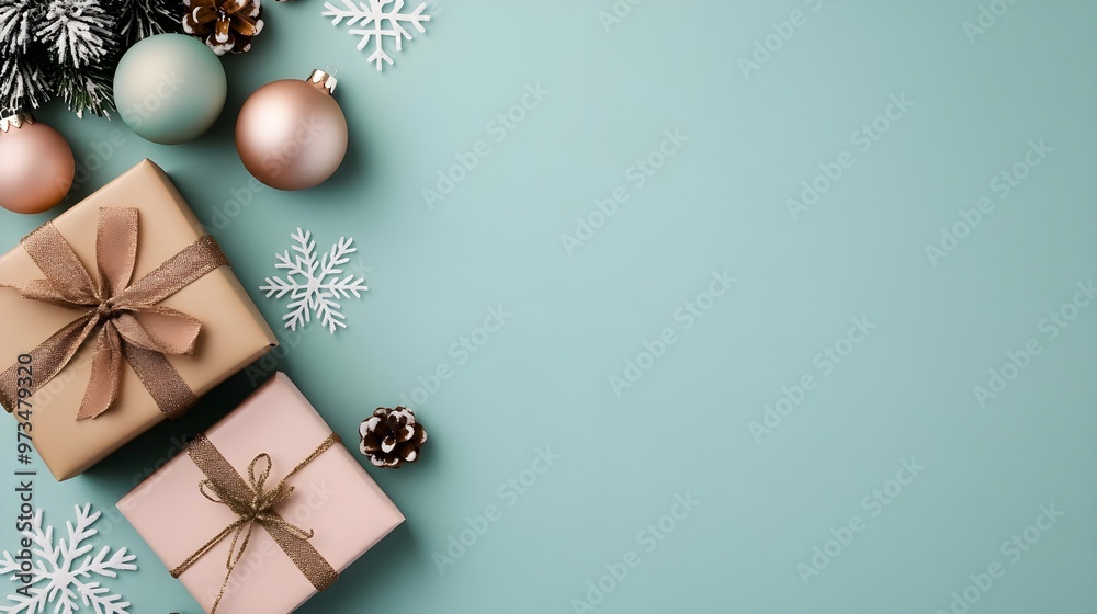 Christmas Gift Boxes, Ornaments & Snowflakes on Teal Background Christmas Gift Boxes, Ornaments & Snowflakes on Teal Background
