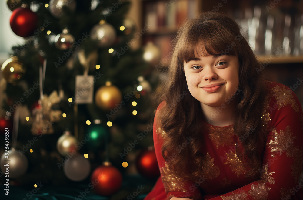 Young woman with down syndrome smiling near christmas tree Young woman with down syndrome smiling near christmas tree