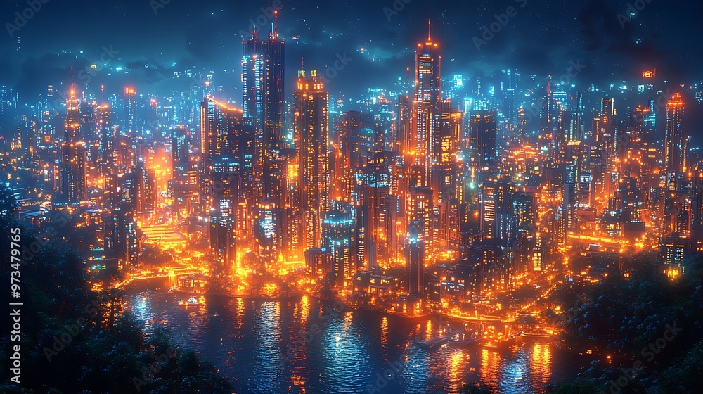 Fototapeta premium Futuristic Cityscape with Skyscrapers and Lights at Night