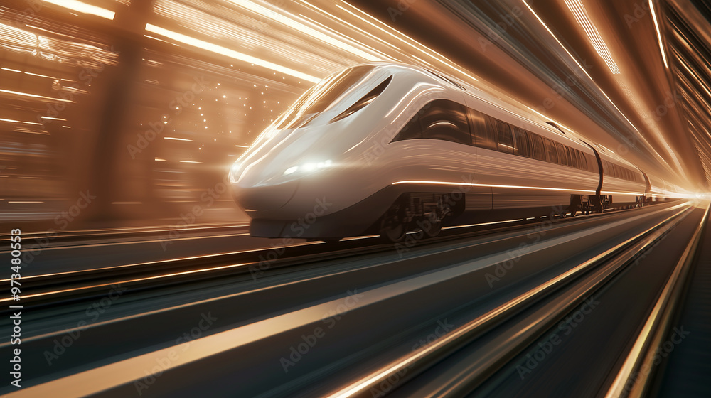 Fototapeta premium high-speed railway train in full motion, with particle light effects accentuating the edge of the rail. The scene should use a high-definition photography style to capture the slee
