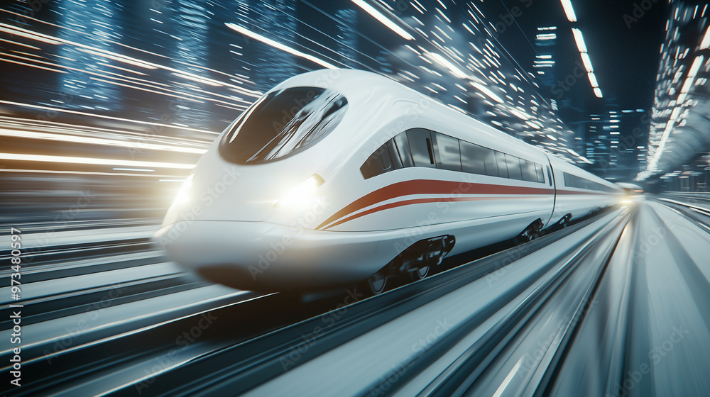 Fototapeta premium high-speed railway train in full motion, with particle light effects accentuating the edge of the rail. The scene should use a high-definition photography style to capture the slee
