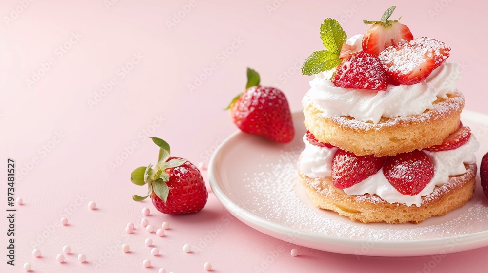 Strawberry shortcake with whipped cream, fresh strawberries, and mint leaves on a white plate. Studio food photography on a pink background. Design for bakery, dessert menu, or poster.
Strawberry shortcake with whipped cream, fresh strawberries, and mint leaves on a white plate. Studio food photography on a pink background. Design for bakery, dessert menu, or poster.