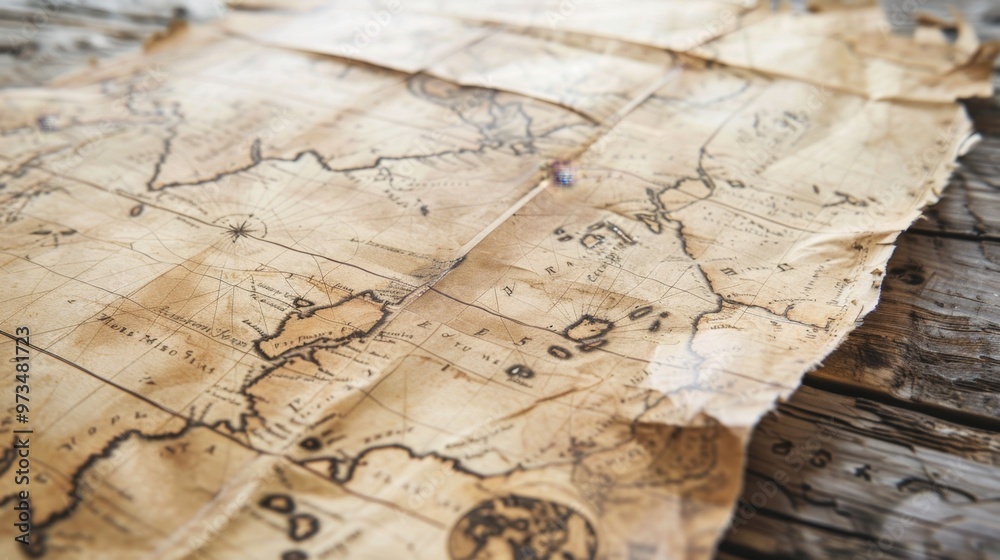 Antique Map on Wooden Surface - Perfect for Historical and Decorative Themes Antique Map on Wooden Surface - Perfect for Historical and Decorative Themes