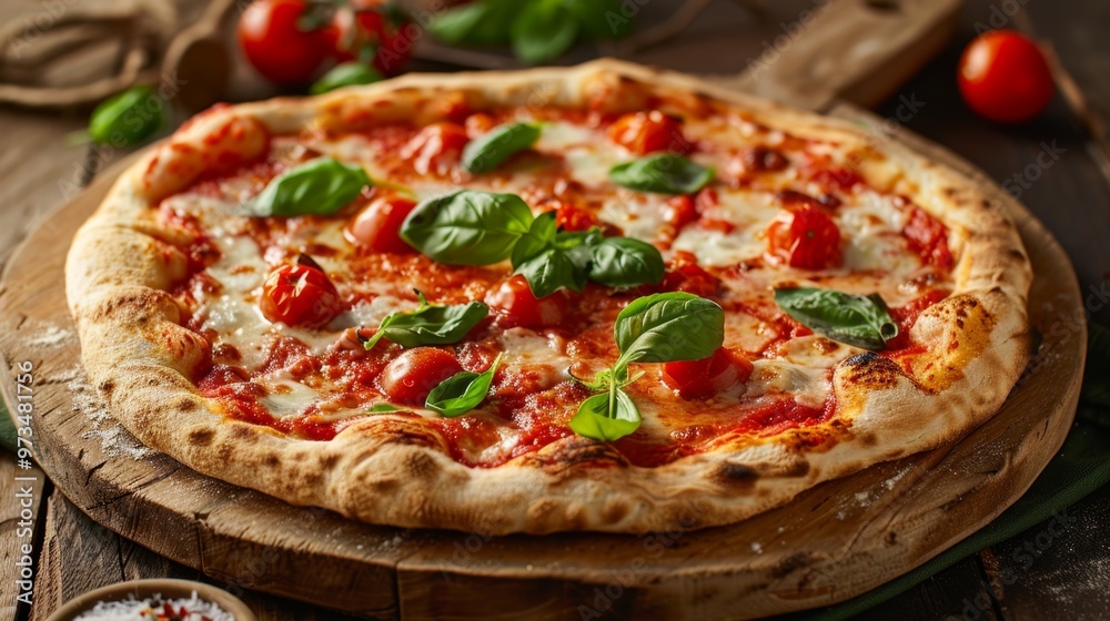 Freshly Baked Wood-Fired Pizza with Basil and Cherry Tomatoes Freshly Baked Wood-Fired Pizza with Basil and Cherry Tomatoes