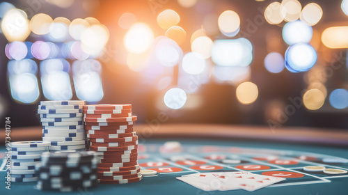 casino scene with a softly blurred background, drawing attention to a specific feature such as a poker table or roulette wheel. The blurred background should capture the essence of