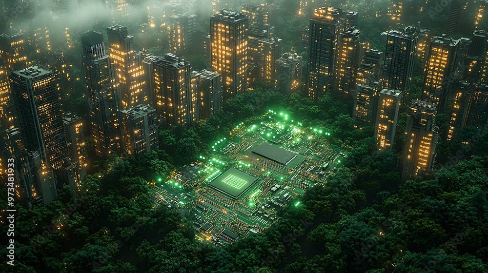 Fototapeta premium Futuristic Cityscape with Green Glow in Center, Cyberpunk, Sci fi, Urban