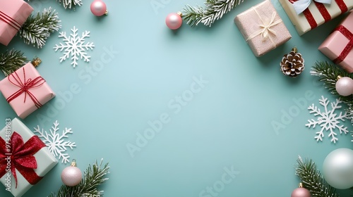 Festive Christmas Background with Gifts, Ornaments, and Snowflakes
