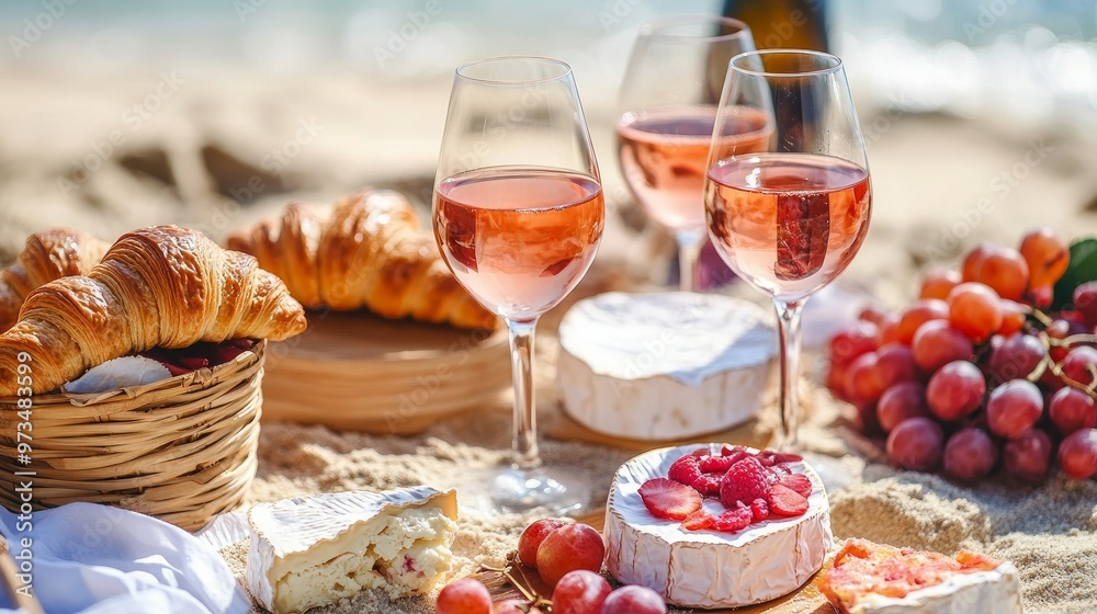 Beach picnic in the summertime. croissants, fruits, camembert cheese, and rose wine in glasses. Beach picnic in the summertime. croissants, fruits, camembert cheese, and rose wine in glasses.