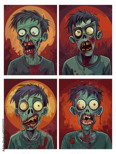 Zombie retro posters. Horror evil vintage monsters, undead creepy character in cartoon style, set vector illustration