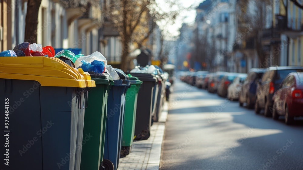 Obraz premium A busy street with separate trash and recycling bins, encouraging city dwellers to sort their waste responsibly