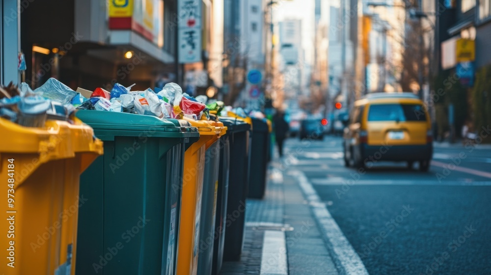 Naklejka premium A busy street with separate trash and recycling bins, encouraging city dwellers to sort their waste responsibly
