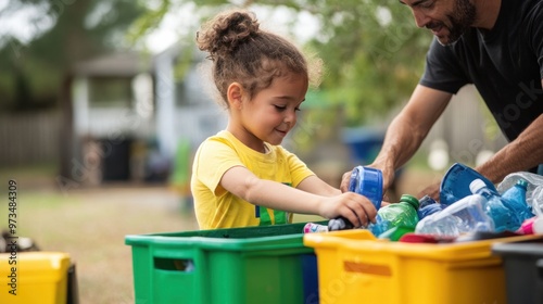 A child helping an adult sort recyclables into bins, with colorful labels for glass, plastic, and paper