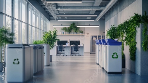 Fototapeta Naklejka Na Ścianę i Meble -  A clean, modern office space with dedicated recycling stations for paper, plastic, and e-waste, promoting a green workplace