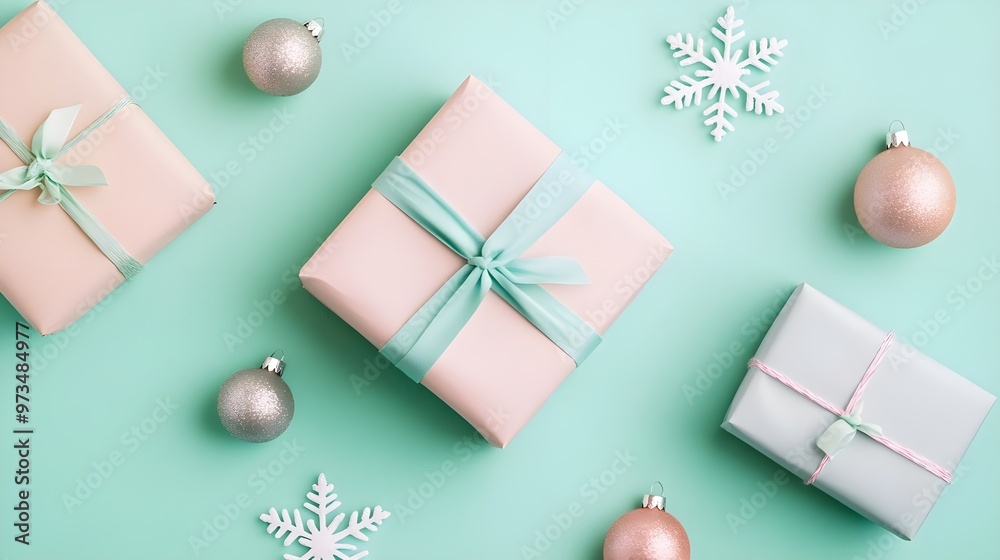 Festive Gift Boxes & Ornaments on Mint Background Festive Gift Boxes & Ornaments on Mint Background