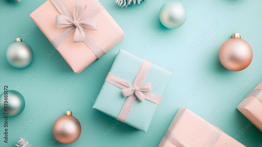 Festive Gift Boxes and Ornaments on Turquoise Background Festive Gift Boxes and Ornaments on Turquoise Background