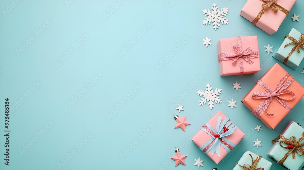 Festive Gift Boxes on Blue Background, Christmas Decor Festive Gift Boxes on Blue Background, Christmas Decor