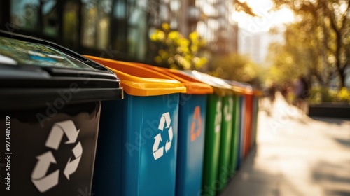 A close-up of a recycling bin with clear labels for paper, plastic, and glass, in a well-maintained public space