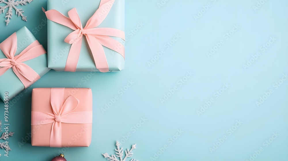 Festive Gift Boxes with Pink Bows on Blue Background Festive Gift Boxes with Pink Bows on Blue Background
