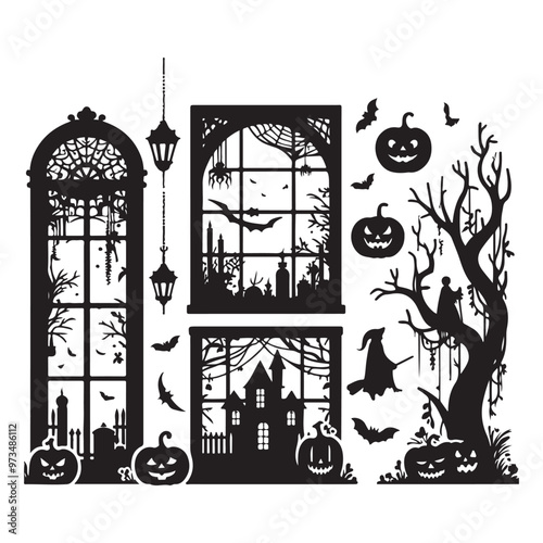 Set of Halloween window silhouettes isolated on a white background, Vector illustration.