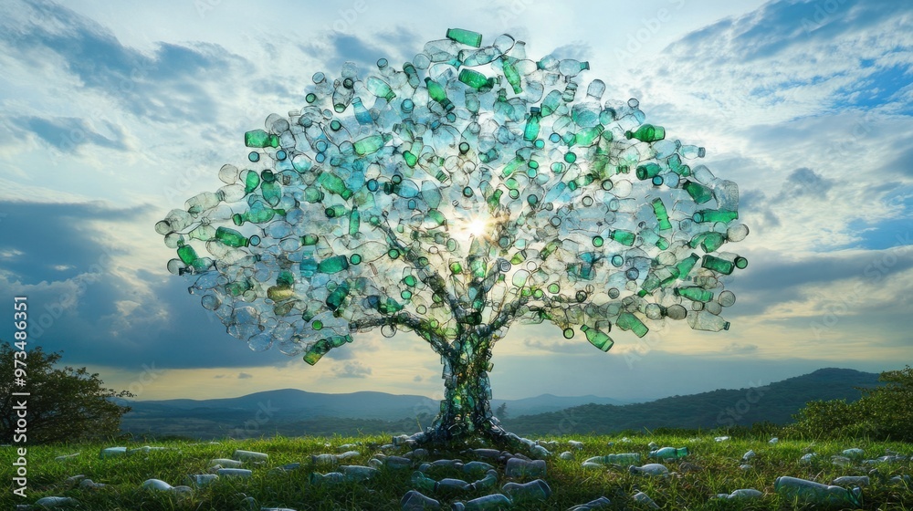 A creative photo of recycled plastic bottles shaped into the outline of a tree, symbolizing the potential for reuse A creative photo of recycled plastic bottles shaped into the outline of a tree, symbolizing the potential for reuse