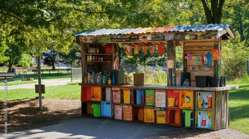 A creative recycling station made from upcycled materials, set up in a park during an eco-awareness event A creative recycling station made from upcycled materials, set up in a park during an eco-awareness event