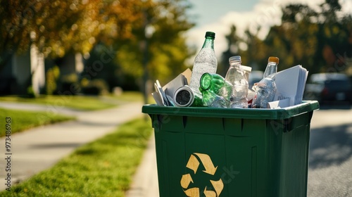 A green recycling bin filled with paper, plastic, and glass bottles, sitting on a suburban curb on a sunny day
