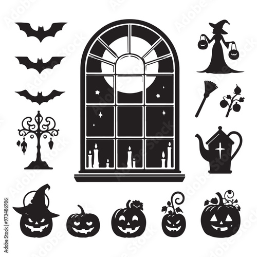 Set of Halloween window silhouettes isolated on a white background, Vector illustration.