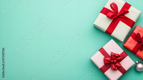 Gift Boxes with Red Ribbons on Turquoise Background