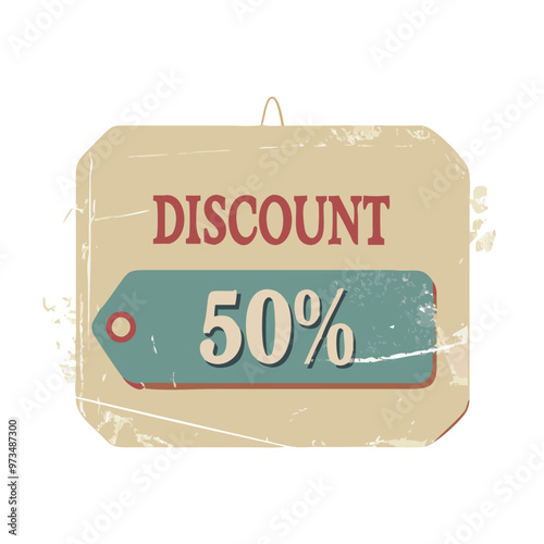 Vintage discount tag with fifty percent off text on a distressed background, retro design