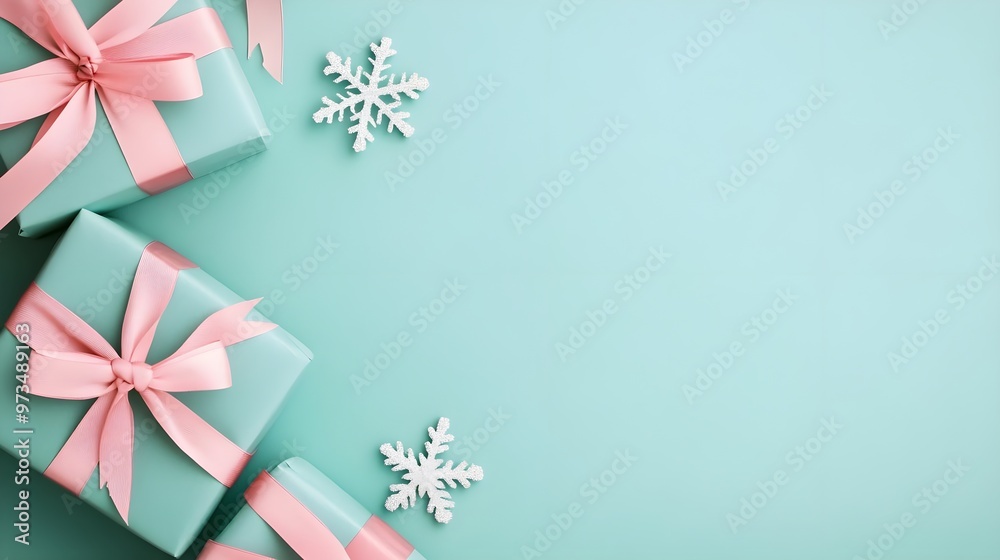 Mint Green Gift Boxes with Pink Ribbons & Snowflakes Mint Green Gift Boxes with Pink Ribbons & Snowflakes