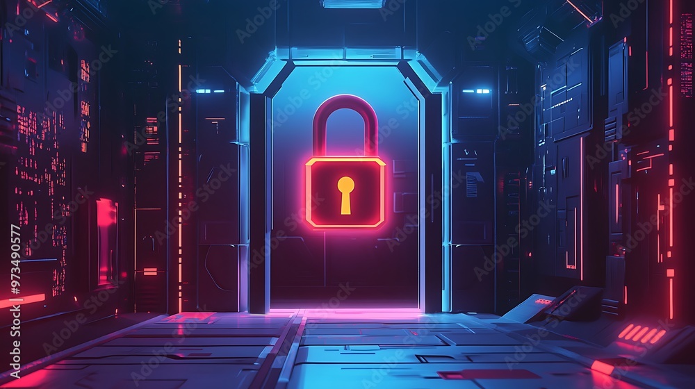 Neon glowing padlock on a futuristic door. Concept of data security, cyber protection, and access control Neon glowing padlock on a futuristic door. Concept of data security, cyber protection, and access control