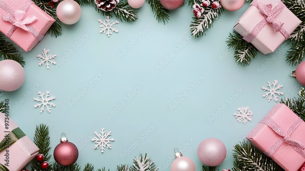 Pastel Pink Christmas Ornament & Gift Border on Blue Pastel Pink Christmas Ornament & Gift Border on Blue