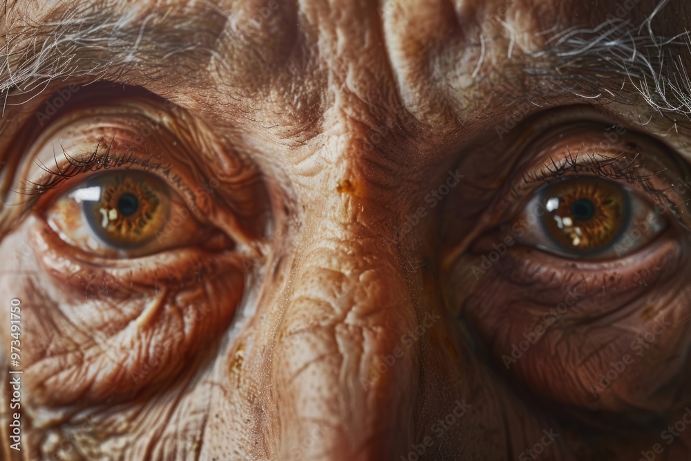 A close-up photorealistic portrait of a person with expressive eyes, their subtle wrinkles and skin texture telling the story of their life experiences