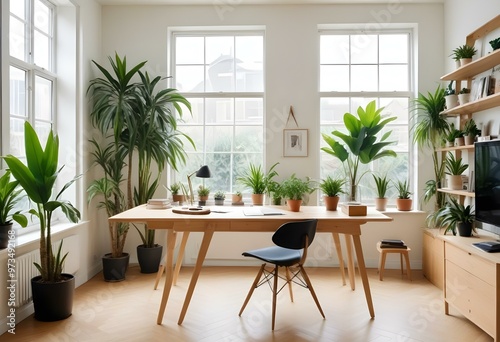 A modern living room with a wooden desk, a black chair