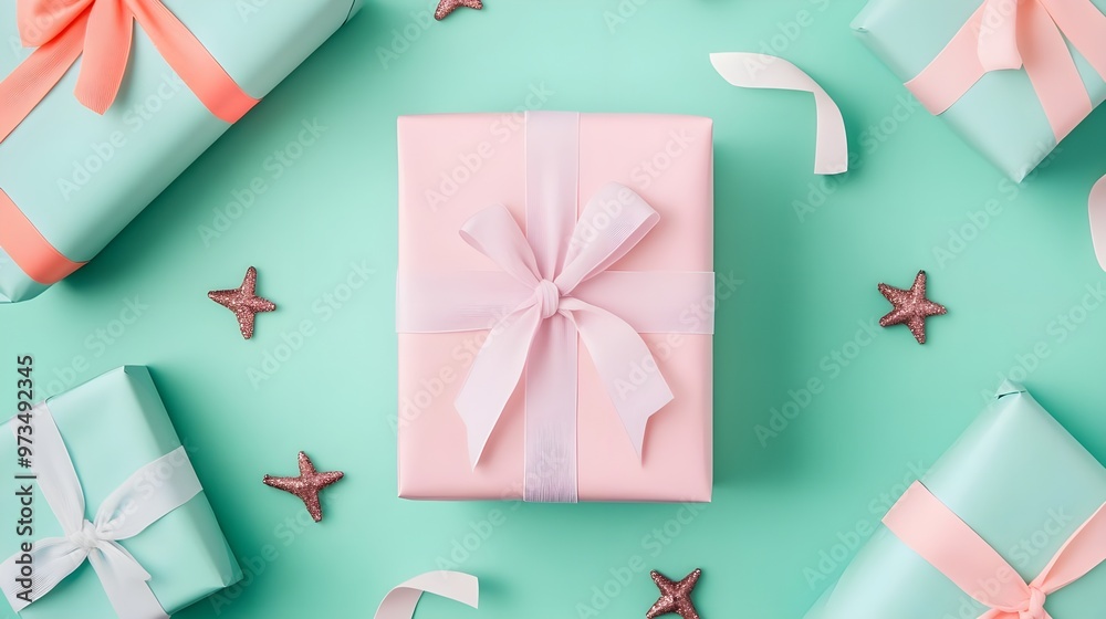 Fototapeta premium Pink & Mint Gift Boxes with Starfish - Flat Lay