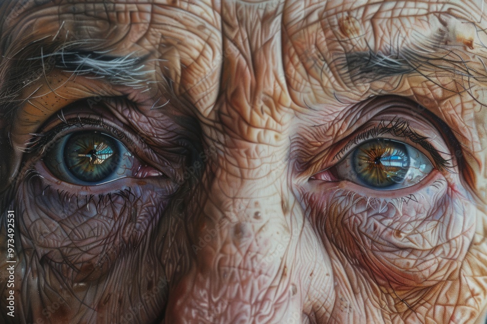 A close-up photorealistic portrait of a person with expressive eyes, their subtle wrinkles and skin texture telling the story of their life experiences