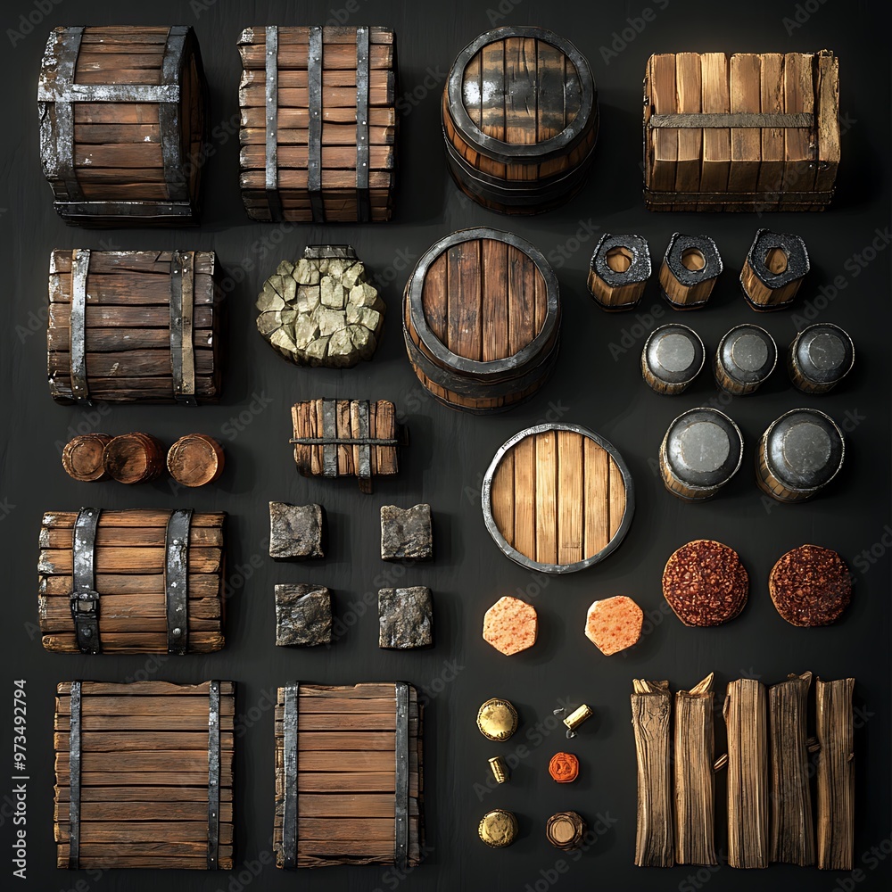 Game Assets Pack,  Barrels, Wooden Crates, and Other Medieval Props
