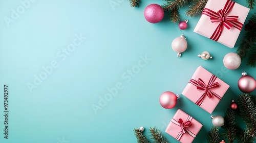 Pink Christmas Gifts & Ornaments on Teal Background