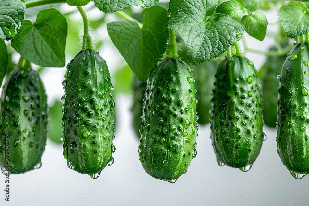 Cucumber and half slices suspended in the air with green leaves with water. Generative AI Cucumber and half slices suspended in the air with green leaves with water. Generative AI