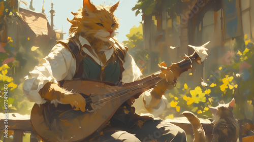 cat beastfolk bard playing a lute on a sunny balcony with golden leaves falling and a kitten nearby in a peaceful village photo